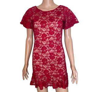 Solemio red lace over nude overlay mini form fitting cocktail dress NWOT SZ M